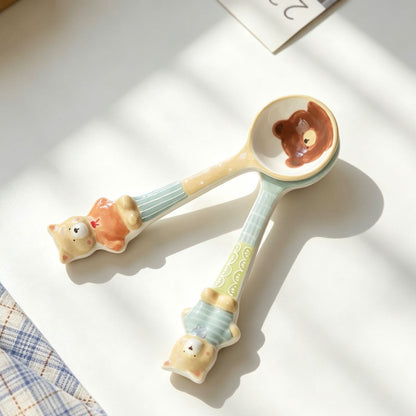 Orange Bear & Blue Bear ceramic spoon set — handcrafted, natural brushstroke variations, MeowCeramics