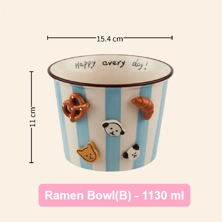 Ramen bowl with cartoon character decorations and measurements on a beige background