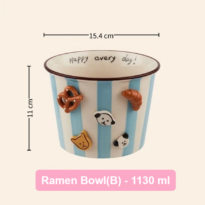Ramen bowl with cartoon character decorations and measurements on a beige background