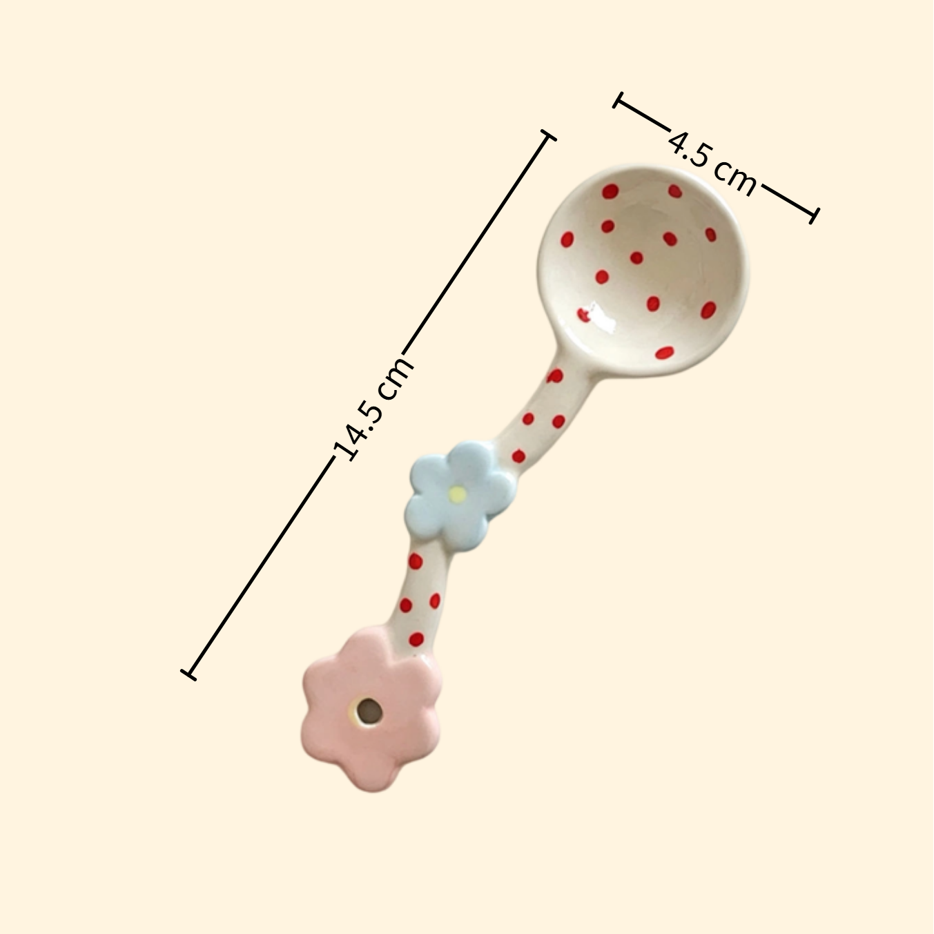 Polka dot ceramic coffee spoon — handmade, food-safe, with size reference, MeowCeramics