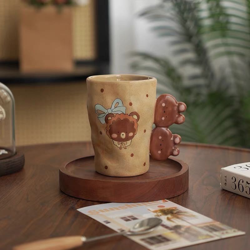 【Handmade to Order】Cute Vintage Hand-Pinched Textured Mug with Irregular Bear Handle