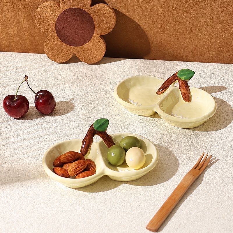 Handmade Cherry-Shaped Ceramic Compartment Dipping Dish