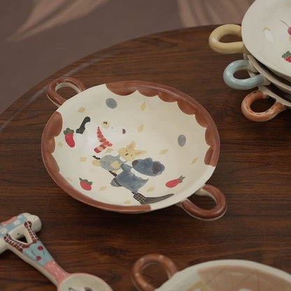 【Handmade to Order】Cute Round Double-Handle Deep Plate