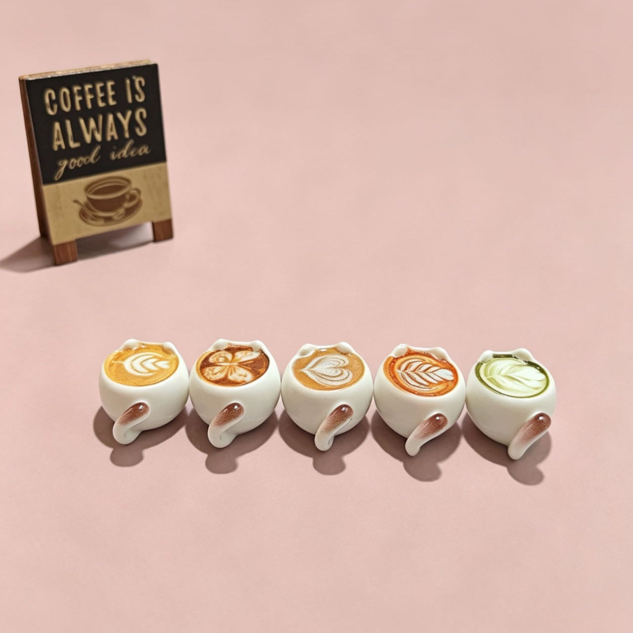Mini Siamese Cat Latte Art Resin Cup Figurines — Set of 5 | Coffee & Matcha | Desk Ornament