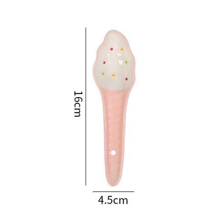 Pink Ice Cream Cone ceramic spoon — 3D sculpted handle, underglaze painted, food-safe, MeowCeramics