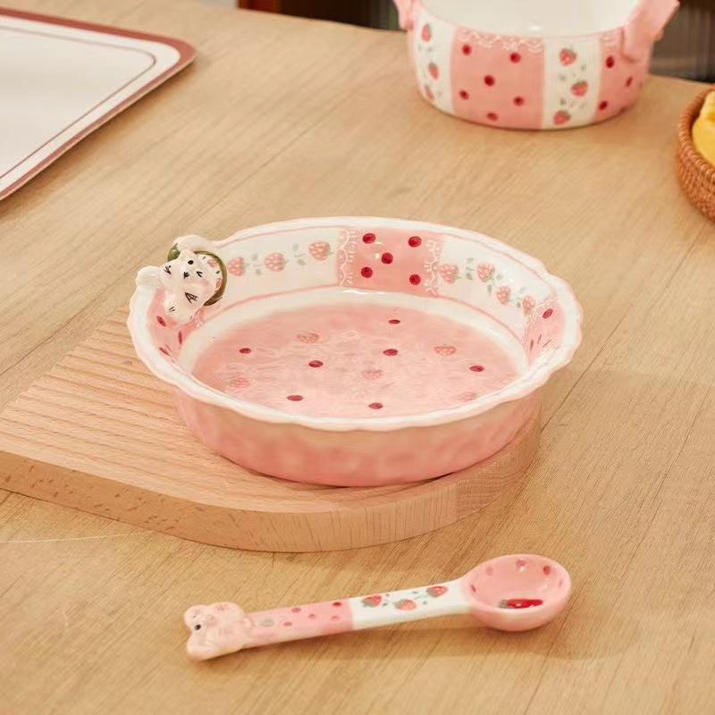 Handmade strawberry kitten ceramic bowl — hand-painted pink floral pattern, MeowCeramics