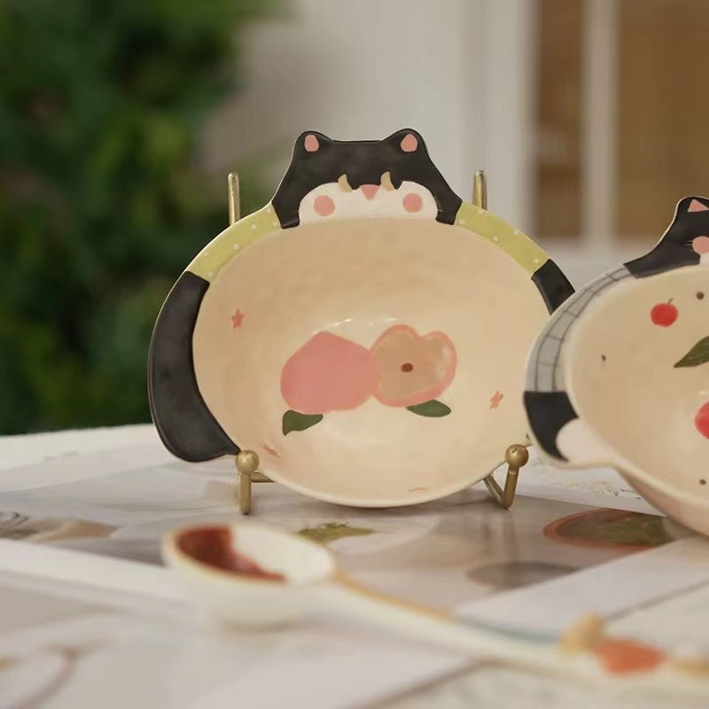 Handmade Cherry & Cat Ceramic Bowl — Rice & Soup Bowl | Hand-Painted | 2 Styles