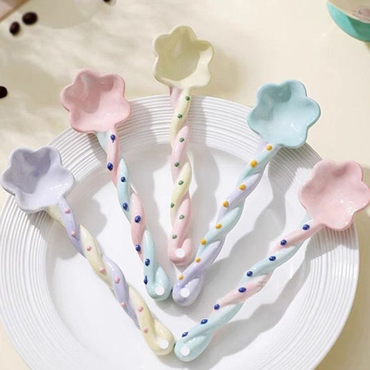 Cute petal-shaped ceramic spoon set — 4 candy color styles, handcrafted tableware, MeowCeramics
