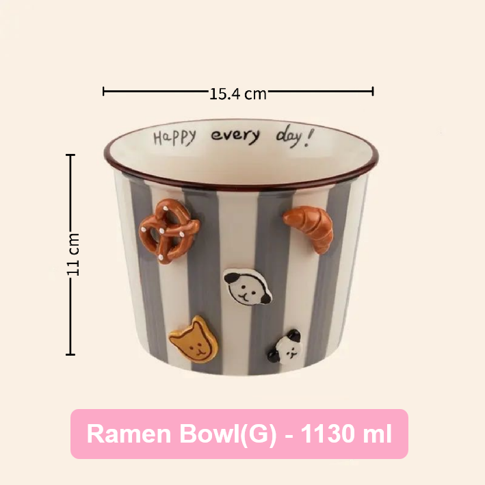 Striped ramen bowl with decorative elements and measurements on a beige background