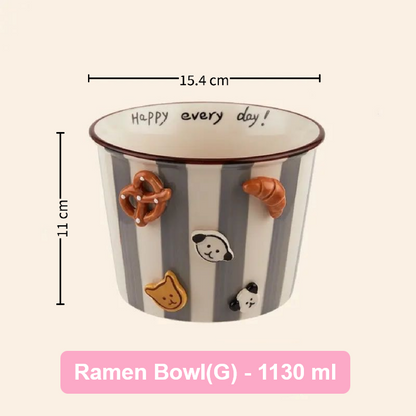 Striped ramen bowl with decorative elements and measurements on a beige background