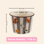 Striped ramen bowl with decorative elements and measurements on a beige background