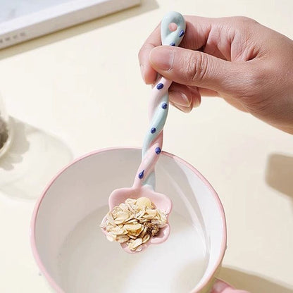 Flower spoon in use — dessert and yogurt spoon, candy color ceramic, MeowCeramics