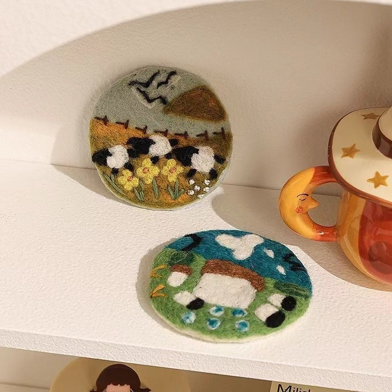 Wool felt coaster texture detail — handmade needle felted pure wool, oil painting design close-up, MeowCeramics