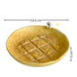 Yellow pet bed with waffle pattern and measurements on a white background
