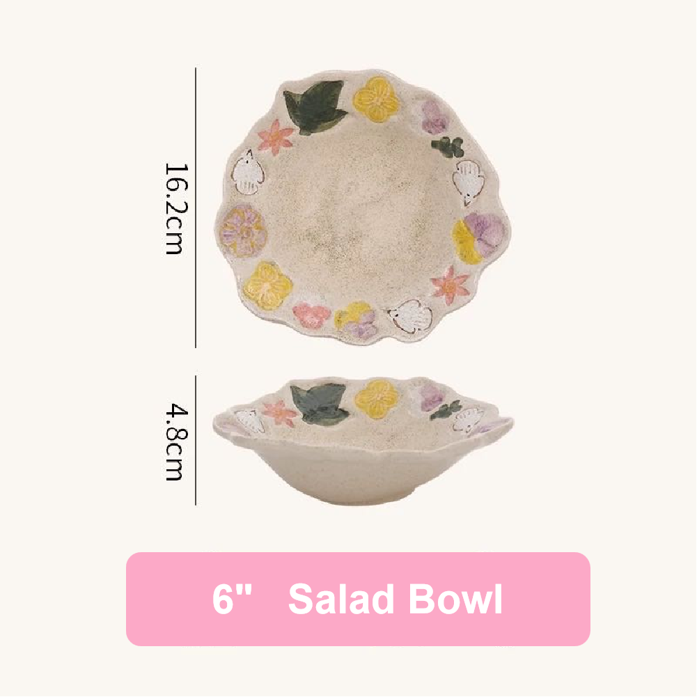 Handmade Retro Floral Ceramic Tableware Set - Set of 5