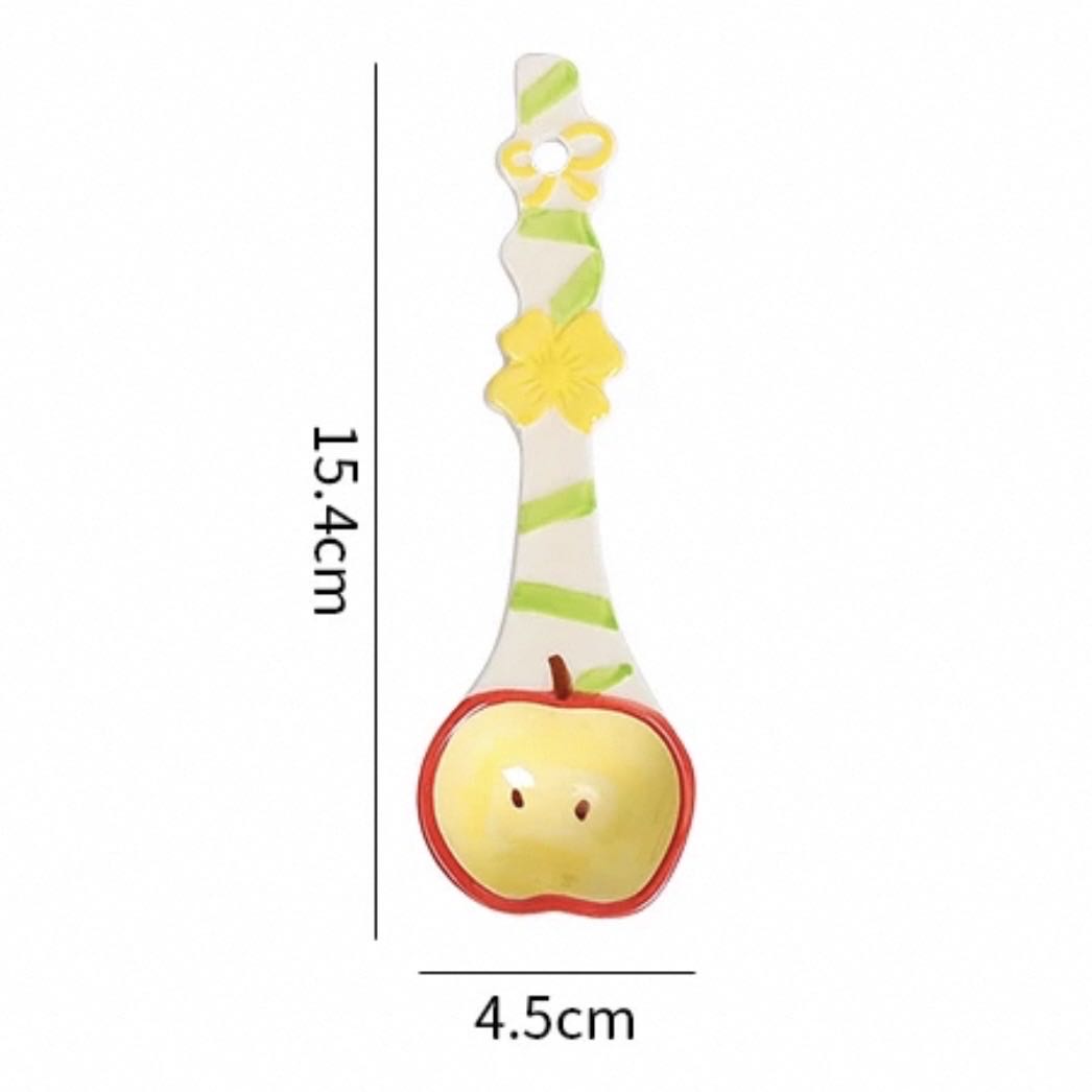 Apple ceramic spoon — hand-painted fruit candy design, underglaze painted, food-safe, MeowCeramics