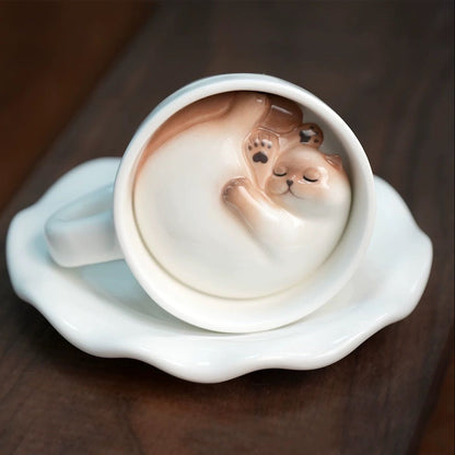 Handmade Cute Cat Coffee Cup & Saucer Set - 210ml