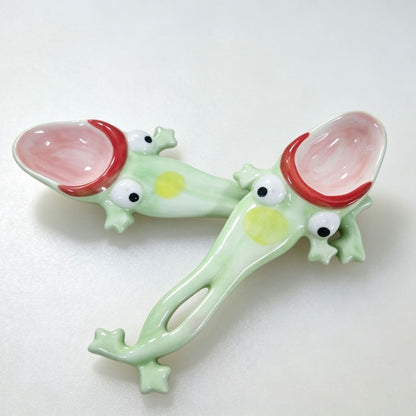 Two handmade frog ceramic spoons — each with unique polka dot and eye placement, one of a kind, MeowCeramics