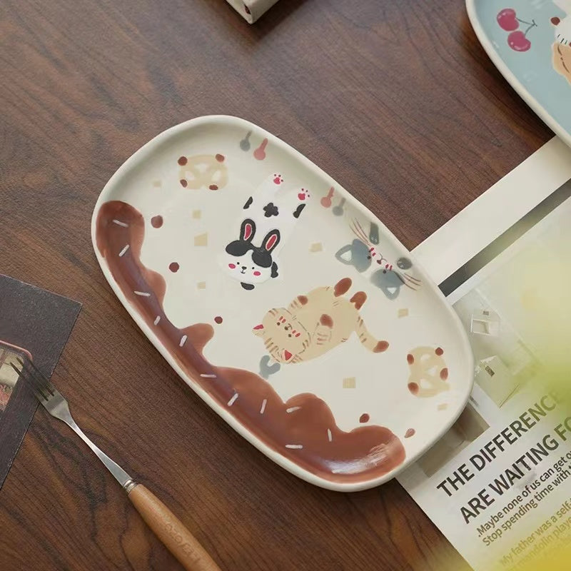 【Handmade to Order】Cute Cat Rabbit Bear Square Dessert Plate