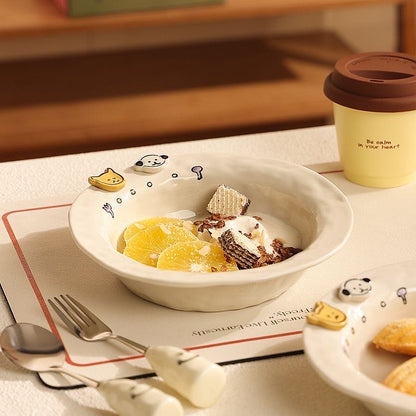 Embossed Adorable Button-Style Cat and Dog Ceramic Straw Hat Plate
