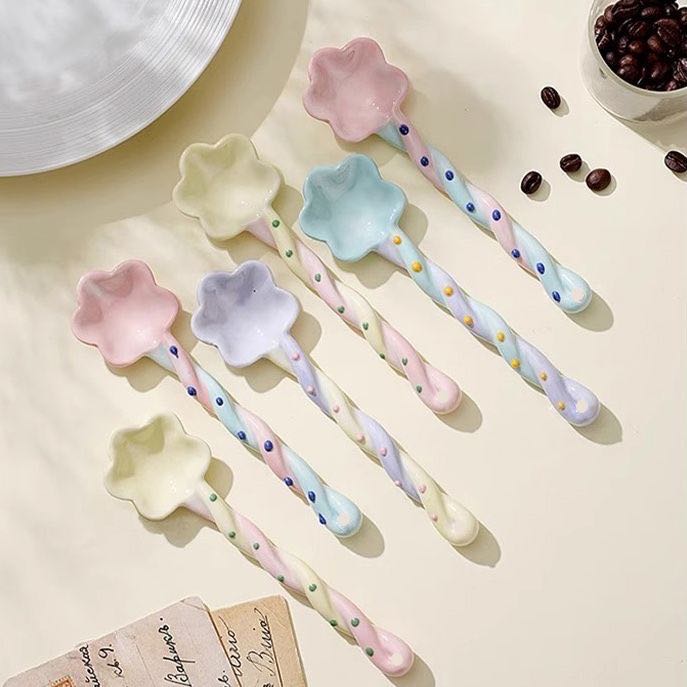 Fairy wand flower ceramic dessert spoon — lifestyle display, candy pastel colors, MeowCeramics