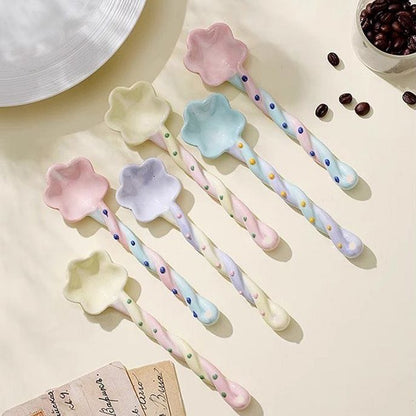 Fairy wand flower ceramic dessert spoon — lifestyle display, candy pastel colors, MeowCeramics