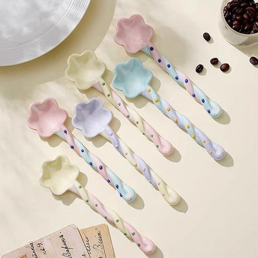 Fairy wand flower ceramic dessert spoon — lifestyle display, candy pastel colors, MeowCeramics