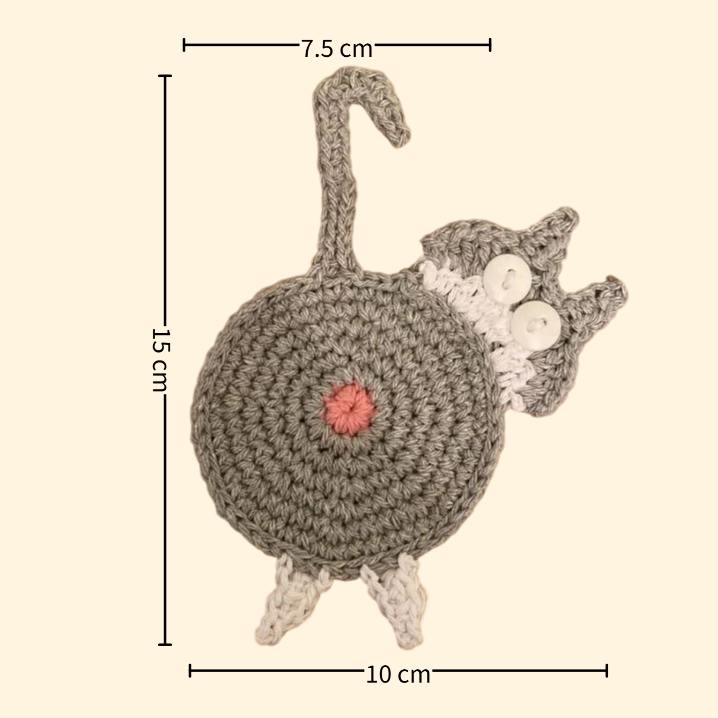 Gray and white cat butt crochet coaster — handmade knitted cup mat, button eyes, MeowCeramics