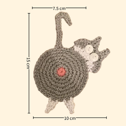 Gray and white cat butt crochet coaster — handmade knitted cup mat, button eyes, MeowCeramics