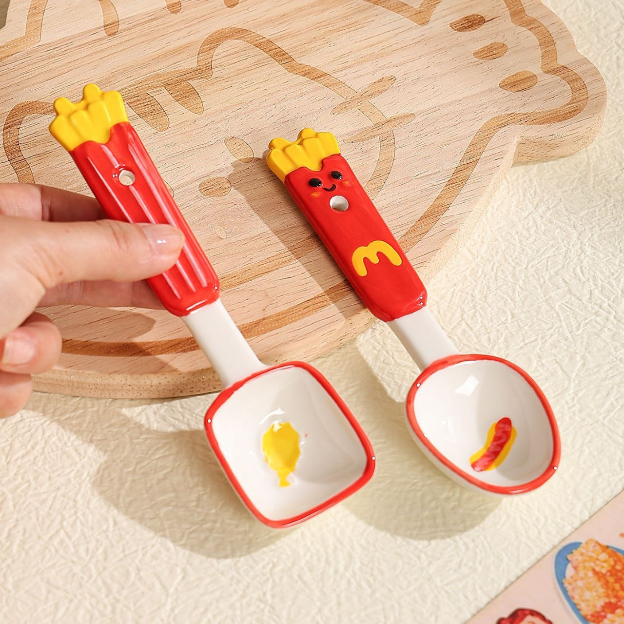3D food ceramic spoon handle detail — sculpted ice cream cone, lead-free food-safe glaze, MeowCeramics