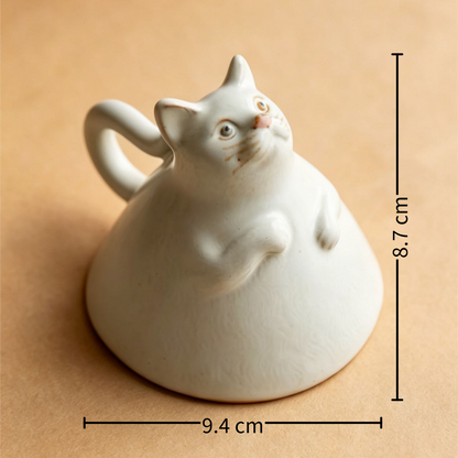 Handmade Shino Ware Tea Cup — Hand-Carved Cat Motif | 125ml | White & Silver