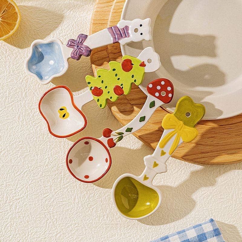 Cute 3D underglaze ceramic long-handle spoon — lifestyle display, dopamine colors, MeowCeramics