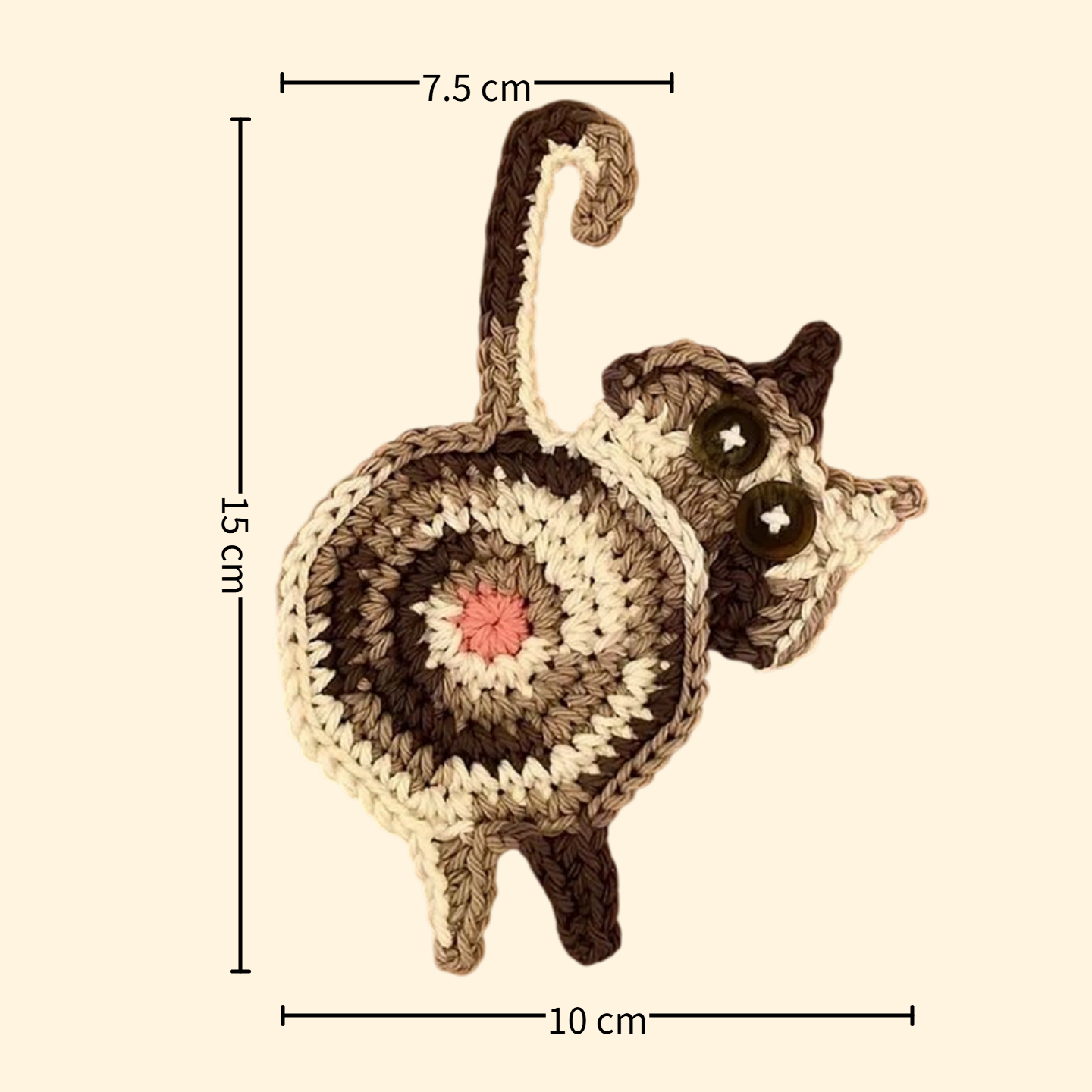 White and brown cat butt crochet coaster — handmade knitted cup mat, button eyes, MeowCeramics