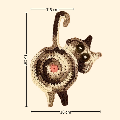 White and brown cat butt crochet coaster — handmade knitted cup mat, button eyes, MeowCeramics