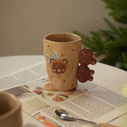 【Handmade to Order】Cute Vintage Hand-Pinched Textured Mug with Irregular Bear Handle