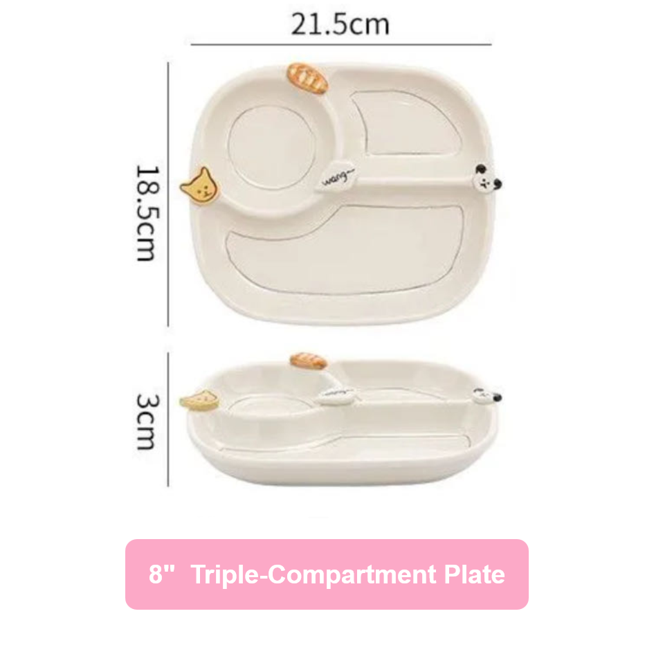 Triple-compartment plate with dimensions on a white background