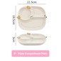 Triple-compartment plate with dimensions on a white background