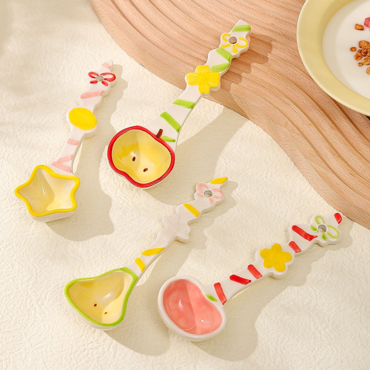 Cute fruit ceramic spoon set — 4 styles, creamy white porcelain with colorful handle, MeowCeramics