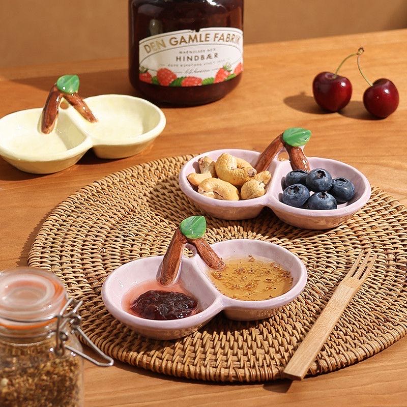 Handmade Cherry-Shaped Ceramic Compartment Dipping Dish