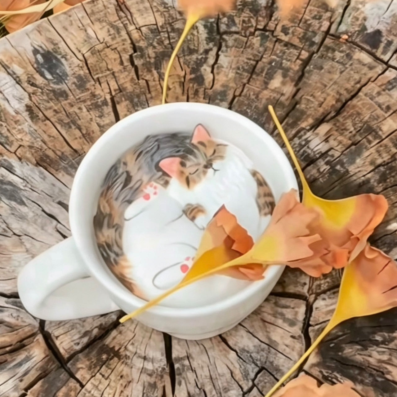 Hidden cat revealed at bottom of coffee cup — hand-painted underglaze illustration, MeowCeramics