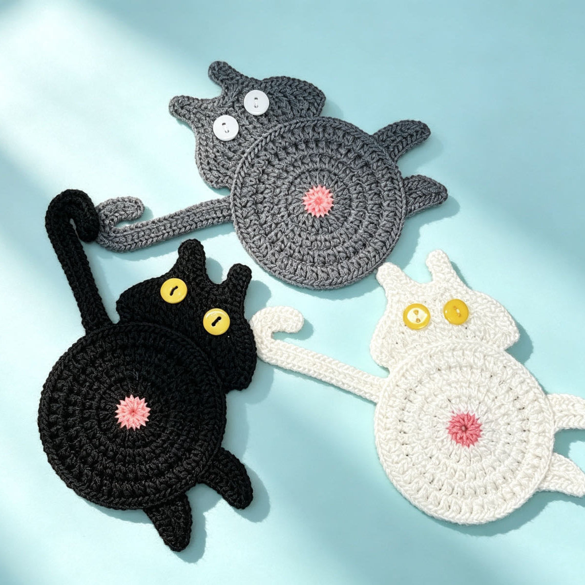 Crochet cat butt coaster — handknitted yarn cup mat, adorable cat design, MeowCeramics