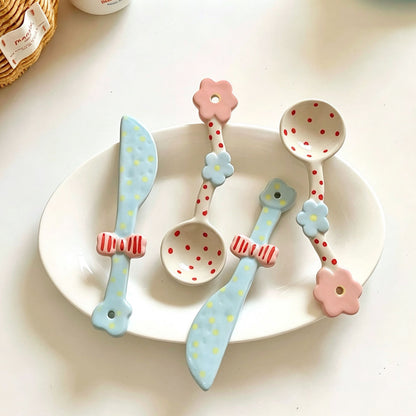 Cute polka dot ceramic spoon and knife set — cheerful artisan tableware, MeowCeramics