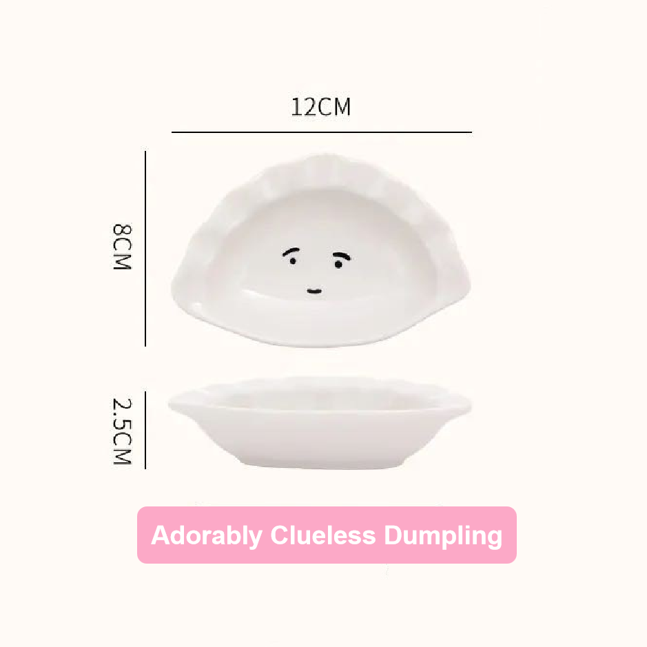 Measurement chart of a dumpling-shaped dish with dimensions and text on a white background