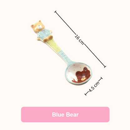 Handmade Blue Bear ceramic long-handle spoon — hand-painted, food-safe, with size reference, MeowCeramics