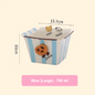Blue striped container with measurements and text on a beige background