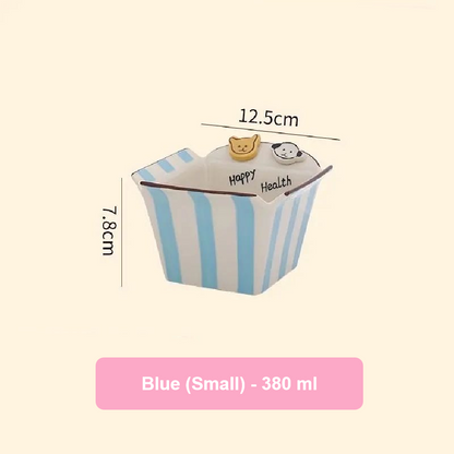 Blue and white striped container with measurements and text on a beige background