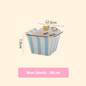 Blue and white striped container with measurements and text on a beige background