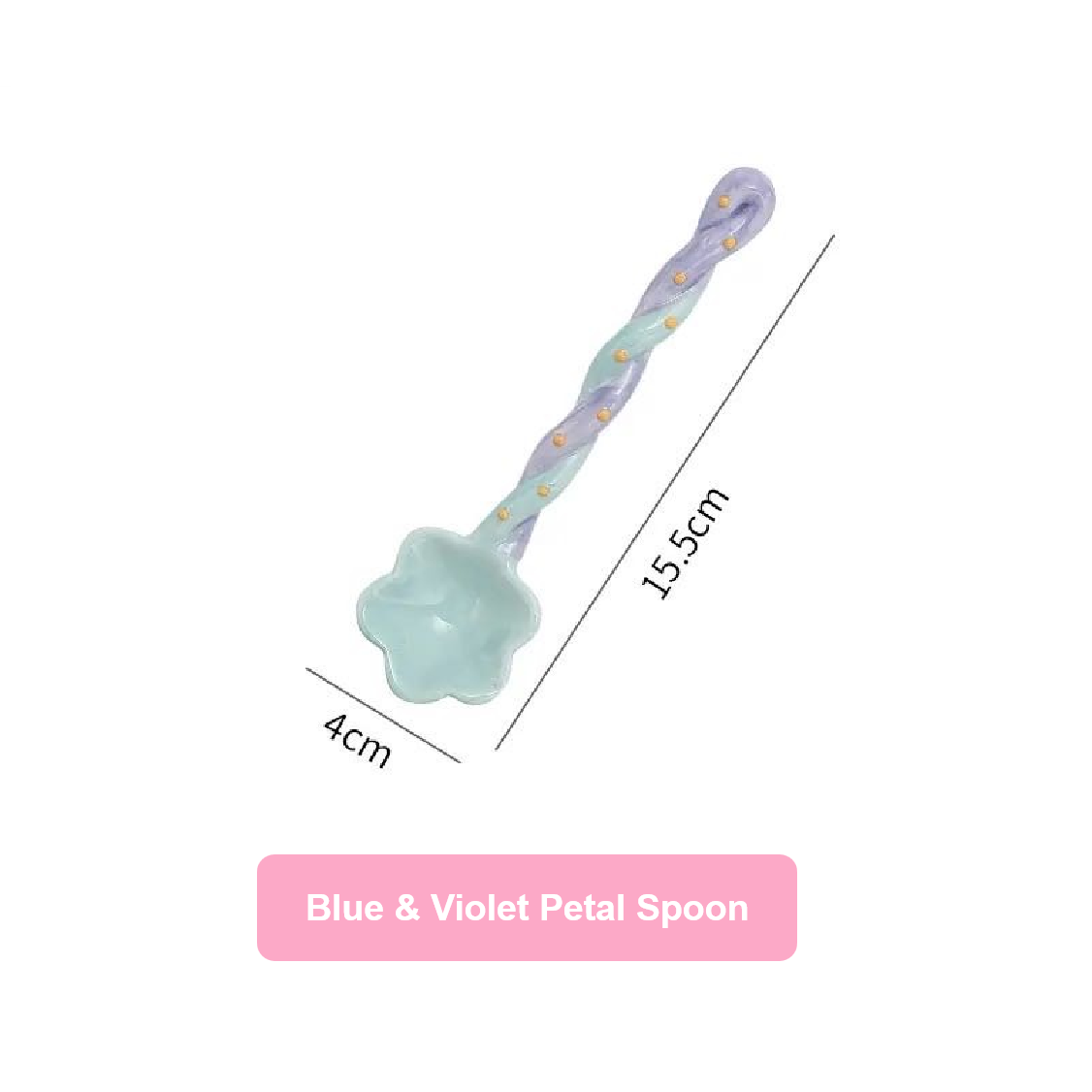 Blue and violet petal spoon with measurements on a white background