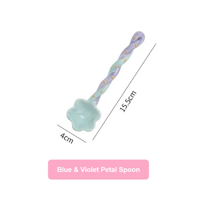 Blue and violet petal spoon with measurements on a white background