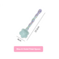 Blue and violet petal spoon with measurements on a white background